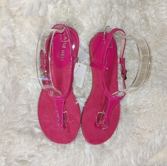 'Izzelly' Pink Patent Ankle Strap Low Heeled Thong Sandals by Nine West - Picture 7 of 8